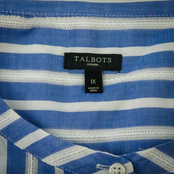 Talbots Plus Size 1X Blue White Stripe Lace Trim Popover Button Cotton Tunic Top - Picture 4 of 6